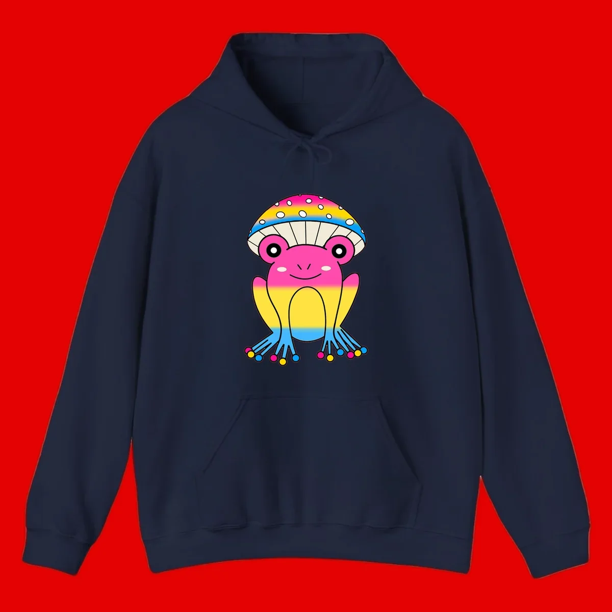 Smiling rainbow jellyfish character with magenta body, gradient stripes, large eyes, and colorful polka-dot tentacles