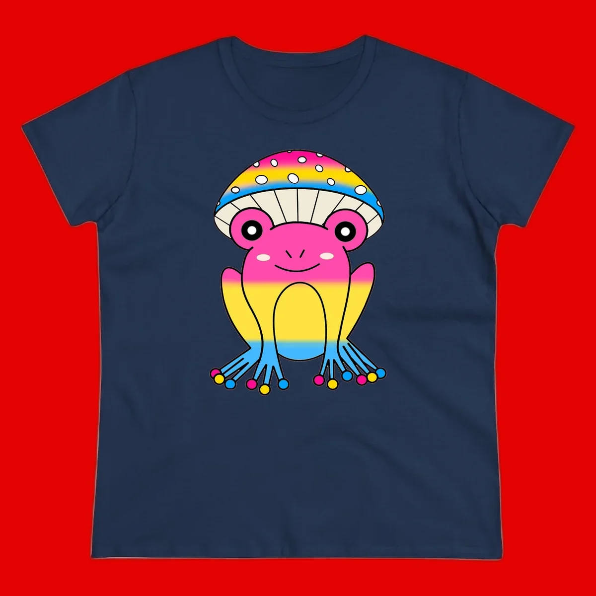 Smiling rainbow jellyfish character with magenta body, gradient stripes, large eyes, and colorful polka-dot tentacles