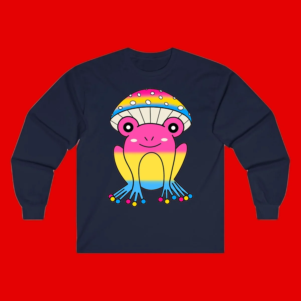 Smiling rainbow jellyfish character with magenta body, gradient stripes, large eyes, and colorful polka-dot tentacles