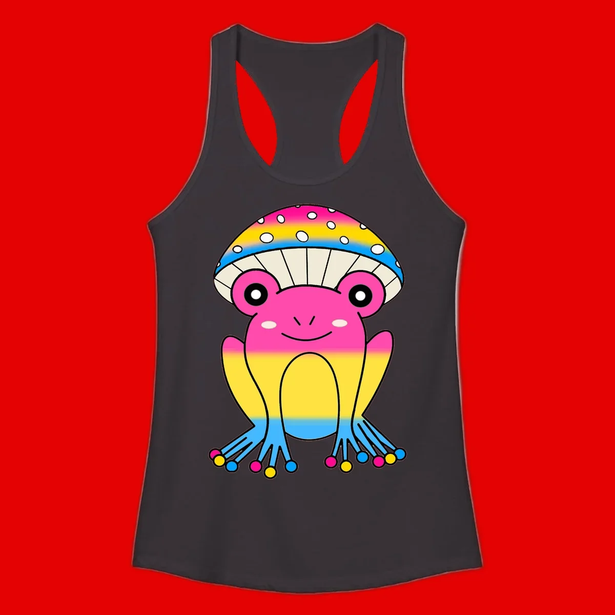 Smiling rainbow jellyfish character with magenta body, gradient stripes, large eyes, and colorful polka-dot tentacles