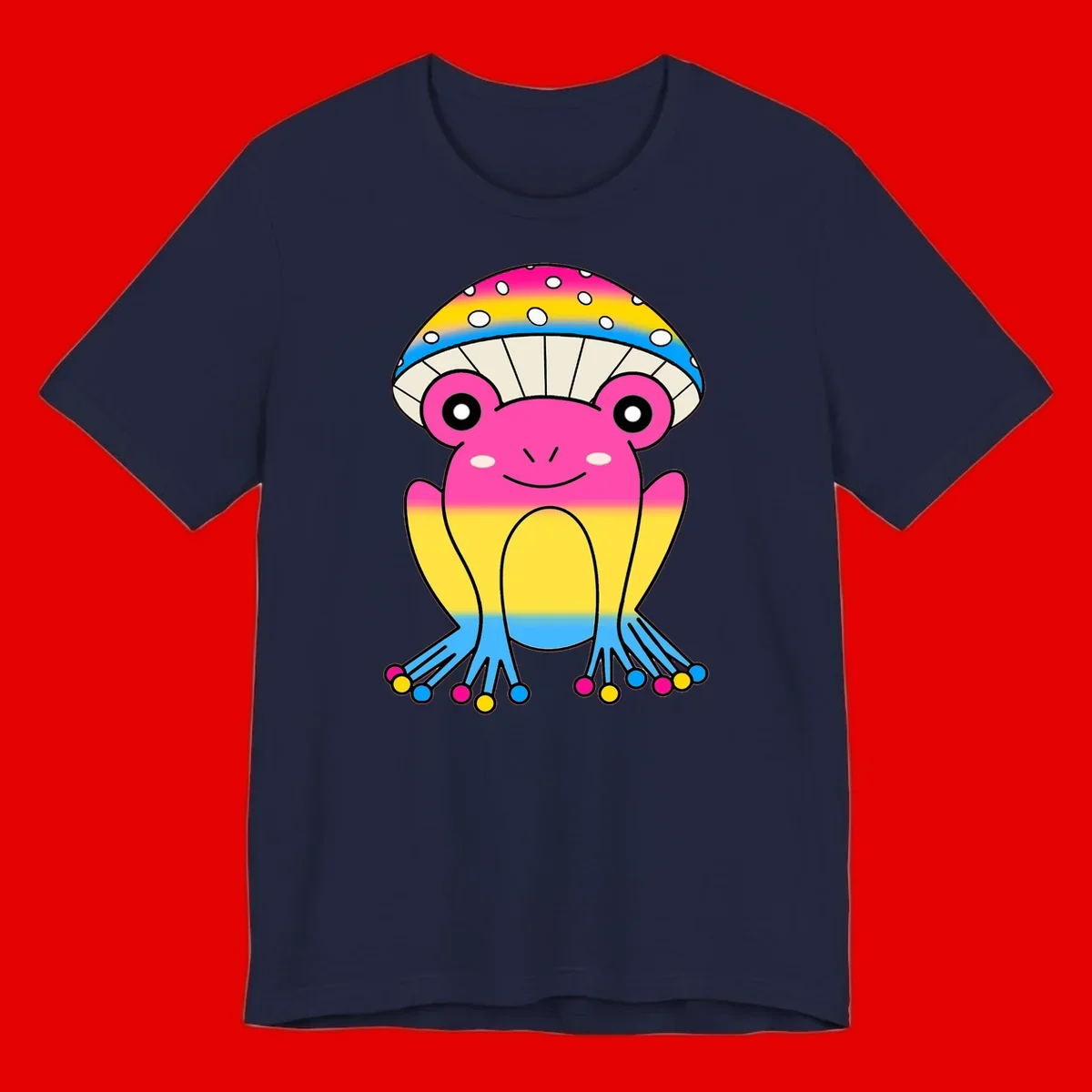 Smiling rainbow jellyfish character with magenta body, gradient stripes, large eyes, and colorful polka-dot tentacles