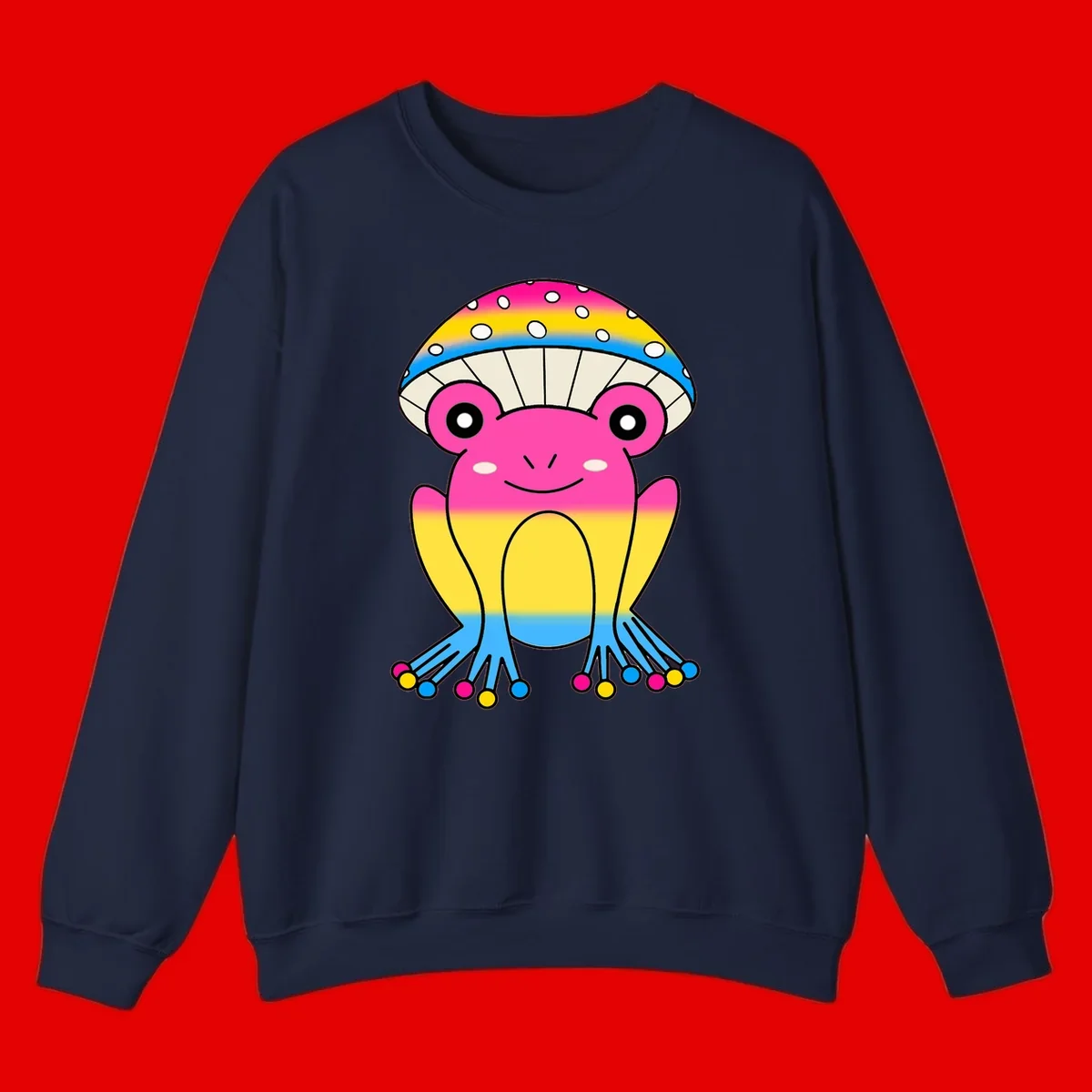 Smiling rainbow jellyfish character with magenta body, gradient stripes, large eyes, and colorful polka-dot tentacles