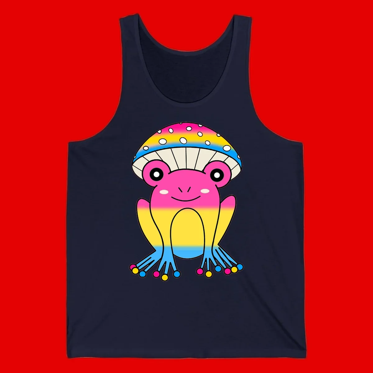 Smiling rainbow jellyfish character with magenta body, gradient stripes, large eyes, and colorful polka-dot tentacles