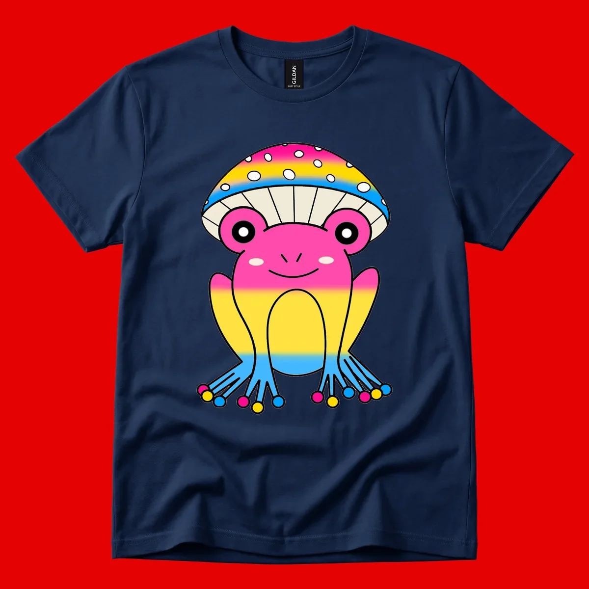 Smiling rainbow jellyfish character with magenta body, gradient stripes, large eyes, and colorful polka-dot tentacles