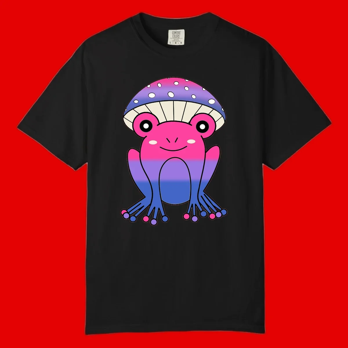 Cute smiling frog character with rainbow gradient body and polka-dotted mushroom cap umbrella design