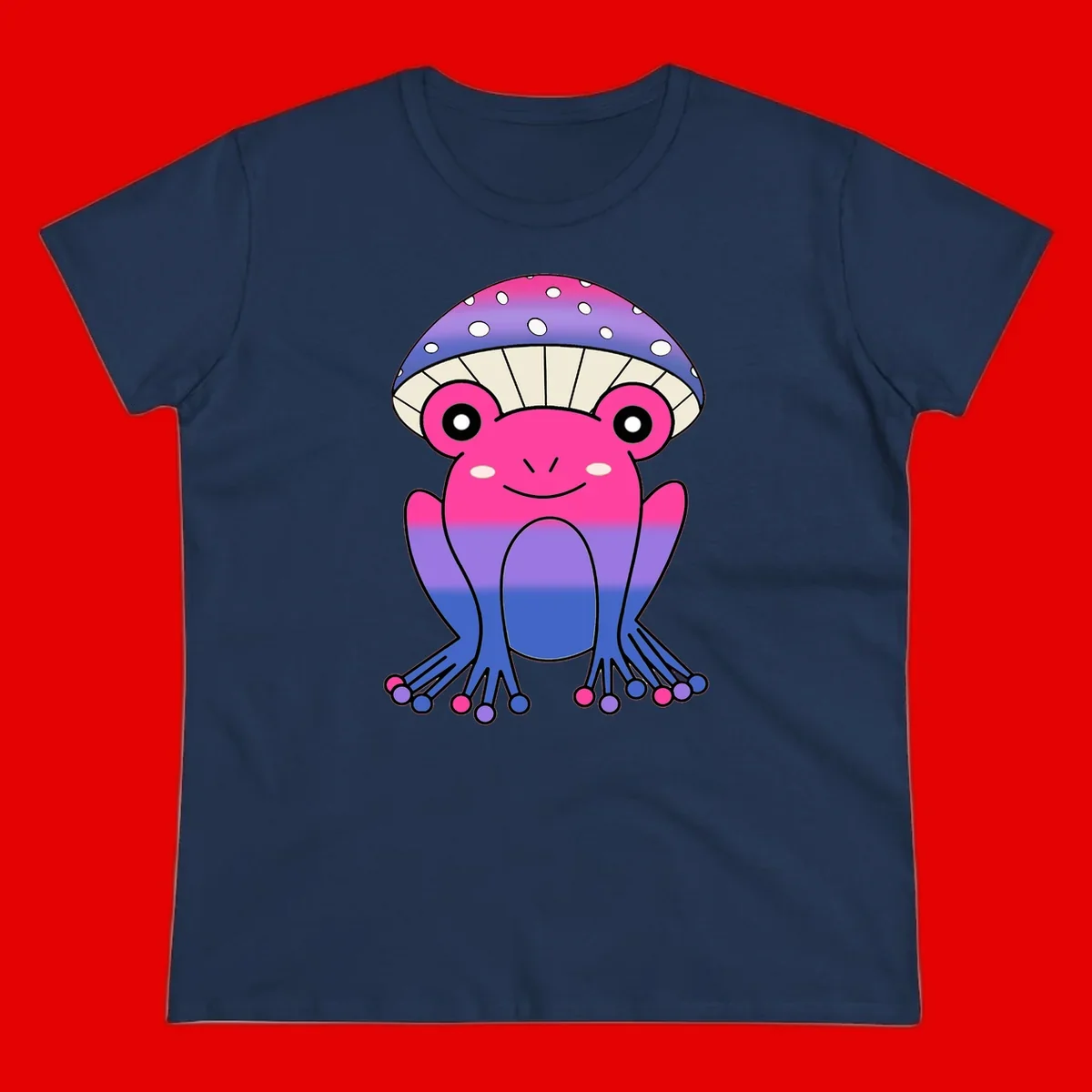 Cute smiling frog character with rainbow gradient body and polka-dotted mushroom cap umbrella design