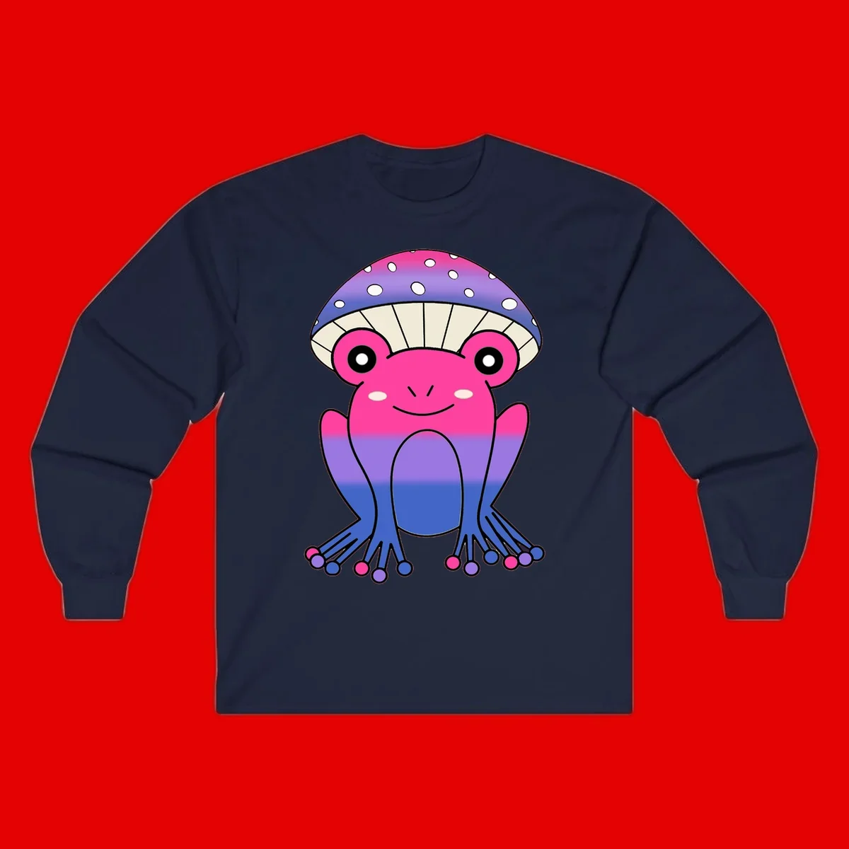 Cute smiling frog character with rainbow gradient body and polka-dotted mushroom cap umbrella design
