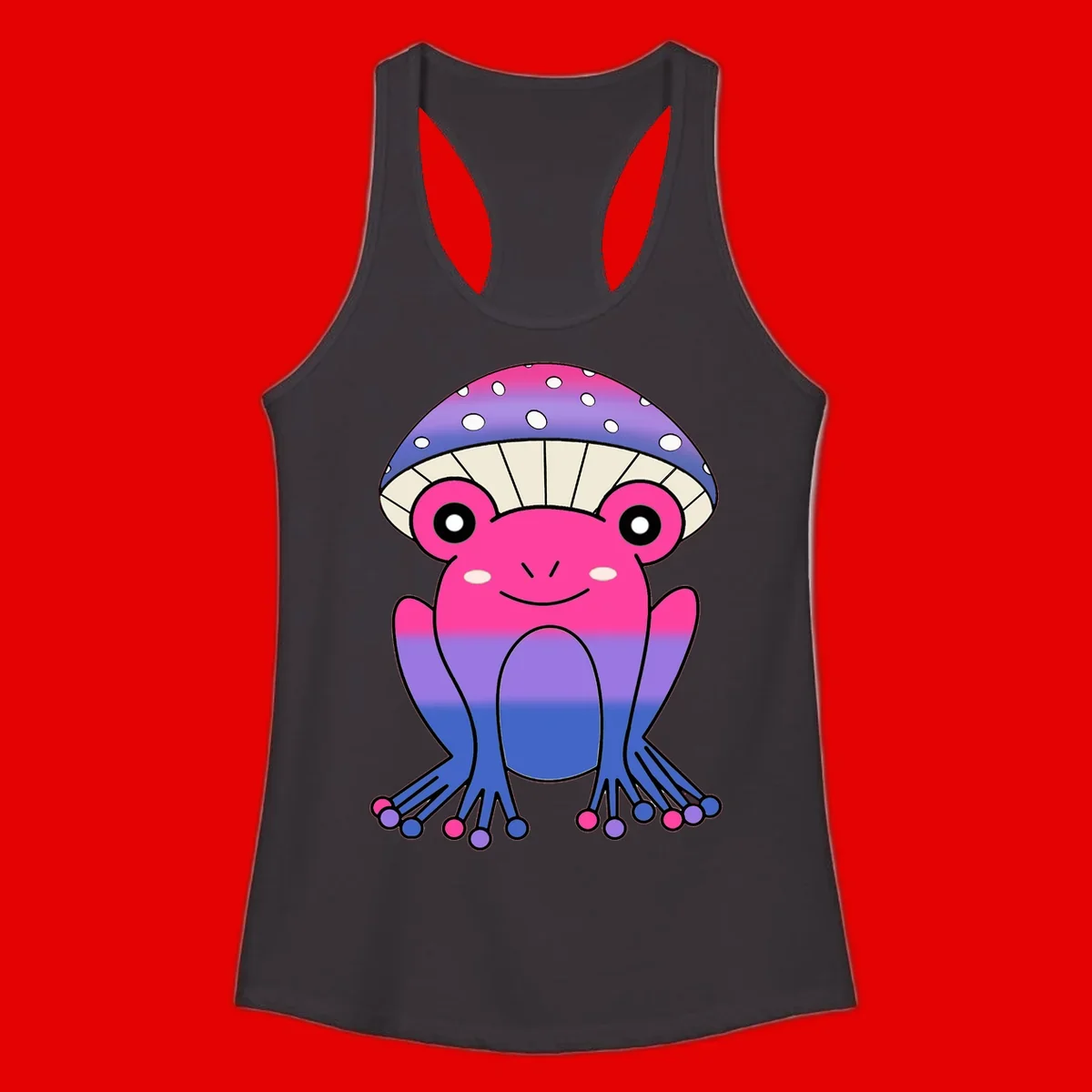 Cute smiling frog character with rainbow gradient body and polka-dotted mushroom cap umbrella design
