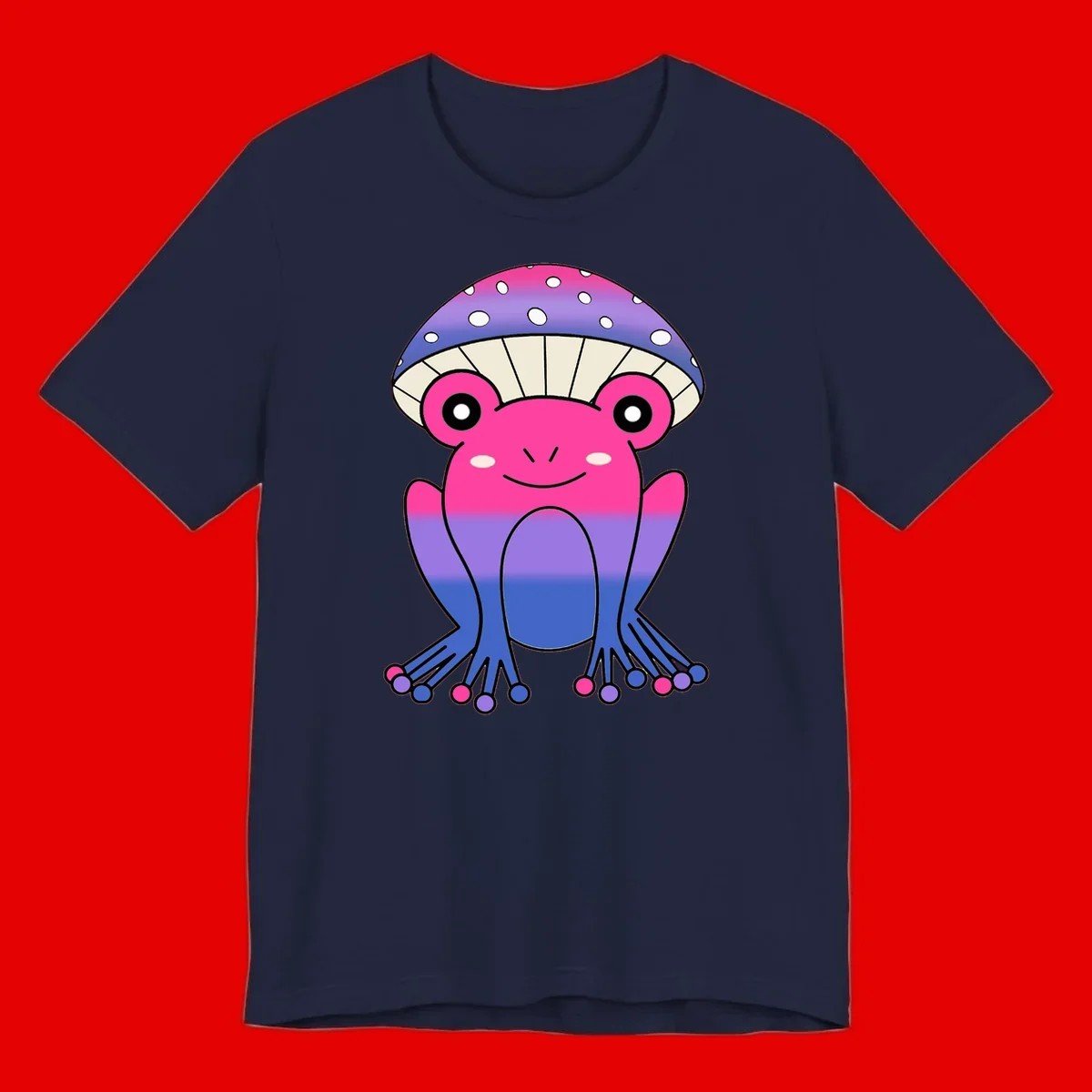 Cute smiling frog character with rainbow gradient body and polka-dotted mushroom cap umbrella design