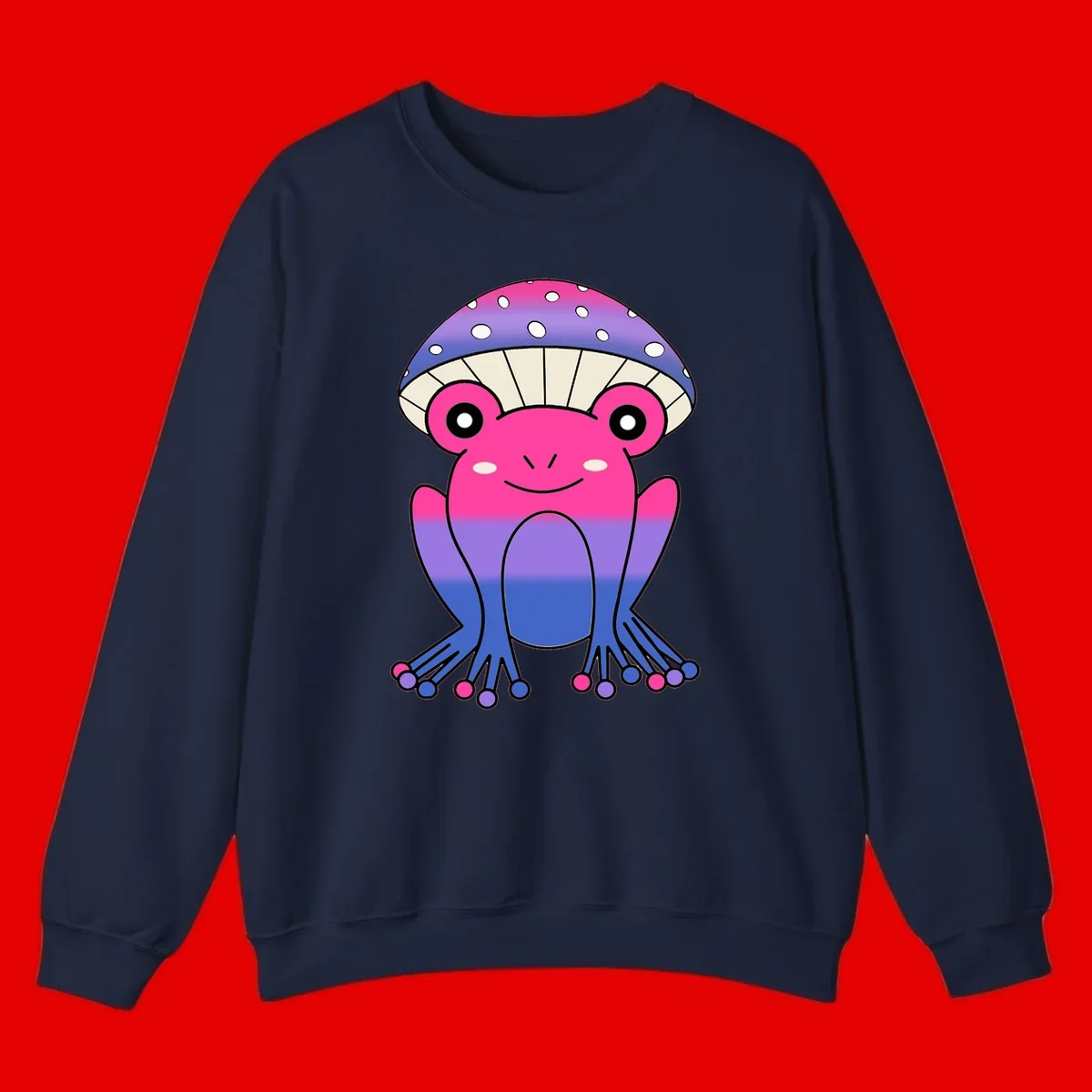Cute smiling frog character with rainbow gradient body and polka-dotted mushroom cap umbrella design
