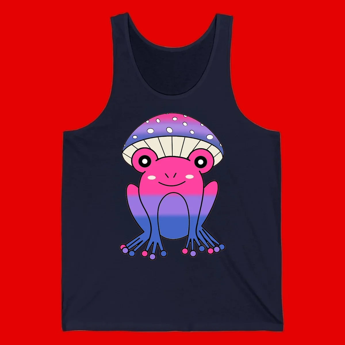 Cute smiling frog character with rainbow gradient body and polka-dotted mushroom cap umbrella design