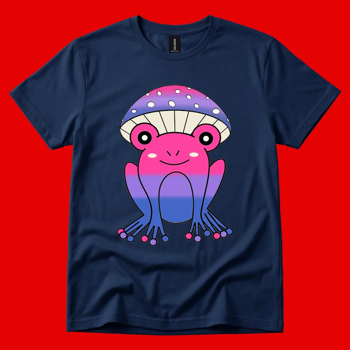 Cute smiling frog character with rainbow gradient body and polka-dotted mushroom cap umbrella design