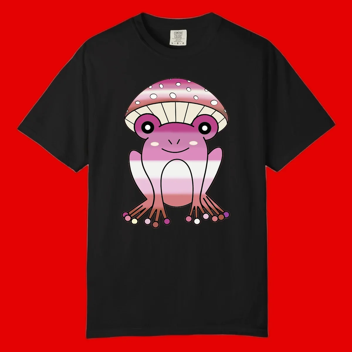 Cute pink mushroom toad character with spotted cap, large eyes, and smiling face wearing gradient pastel colors