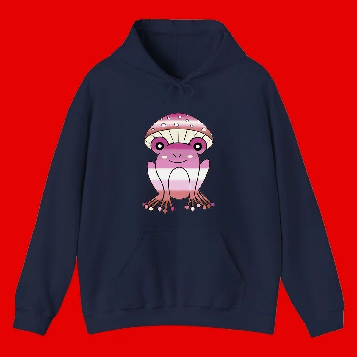 Cute pink mushroom toad character with spotted cap, large eyes, and smiling face wearing gradient pastel colors