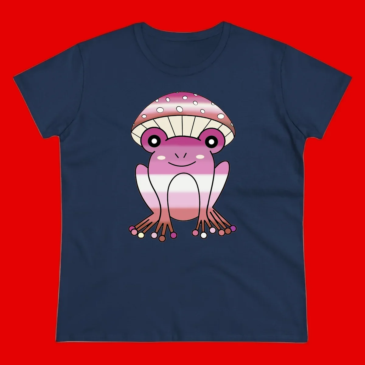 Cute pink mushroom toad character with spotted cap, large eyes, and smiling face wearing gradient pastel colors