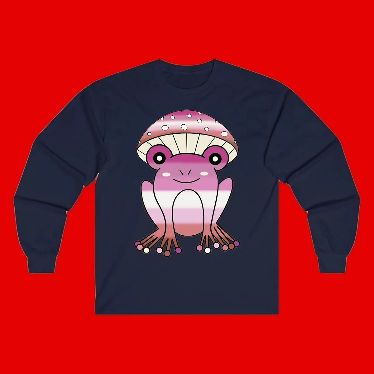 Cute pink mushroom toad character with spotted cap, large eyes, and smiling face wearing gradient pastel colors
