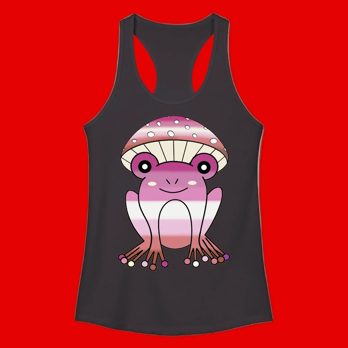 Cute pink mushroom toad character with spotted cap, large eyes, and smiling face wearing gradient pastel colors