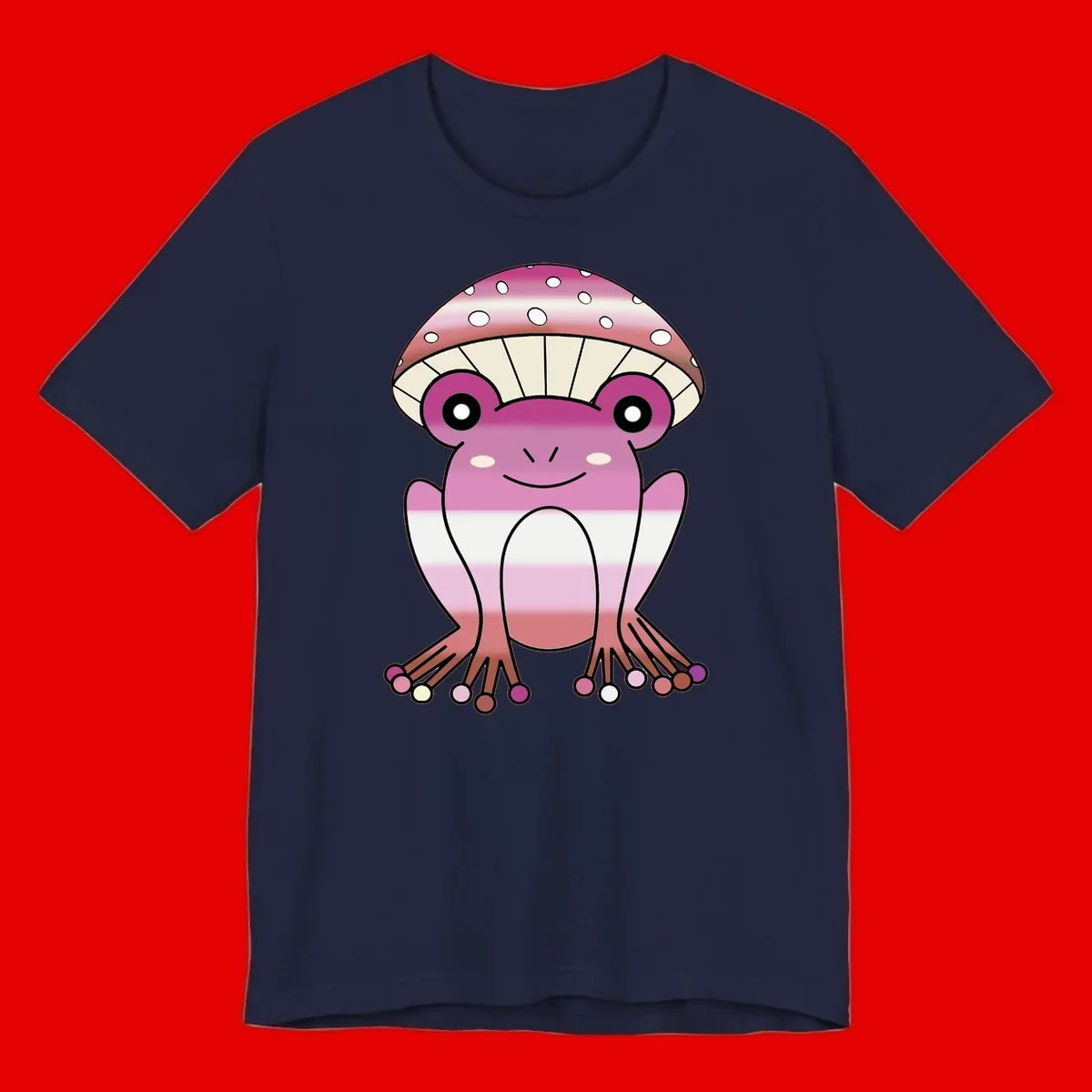 Cute pink mushroom toad character with spotted cap, large eyes, and smiling face wearing gradient pastel colors