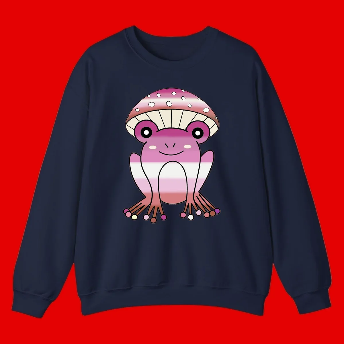 Cute pink mushroom toad character with spotted cap, large eyes, and smiling face wearing gradient pastel colors