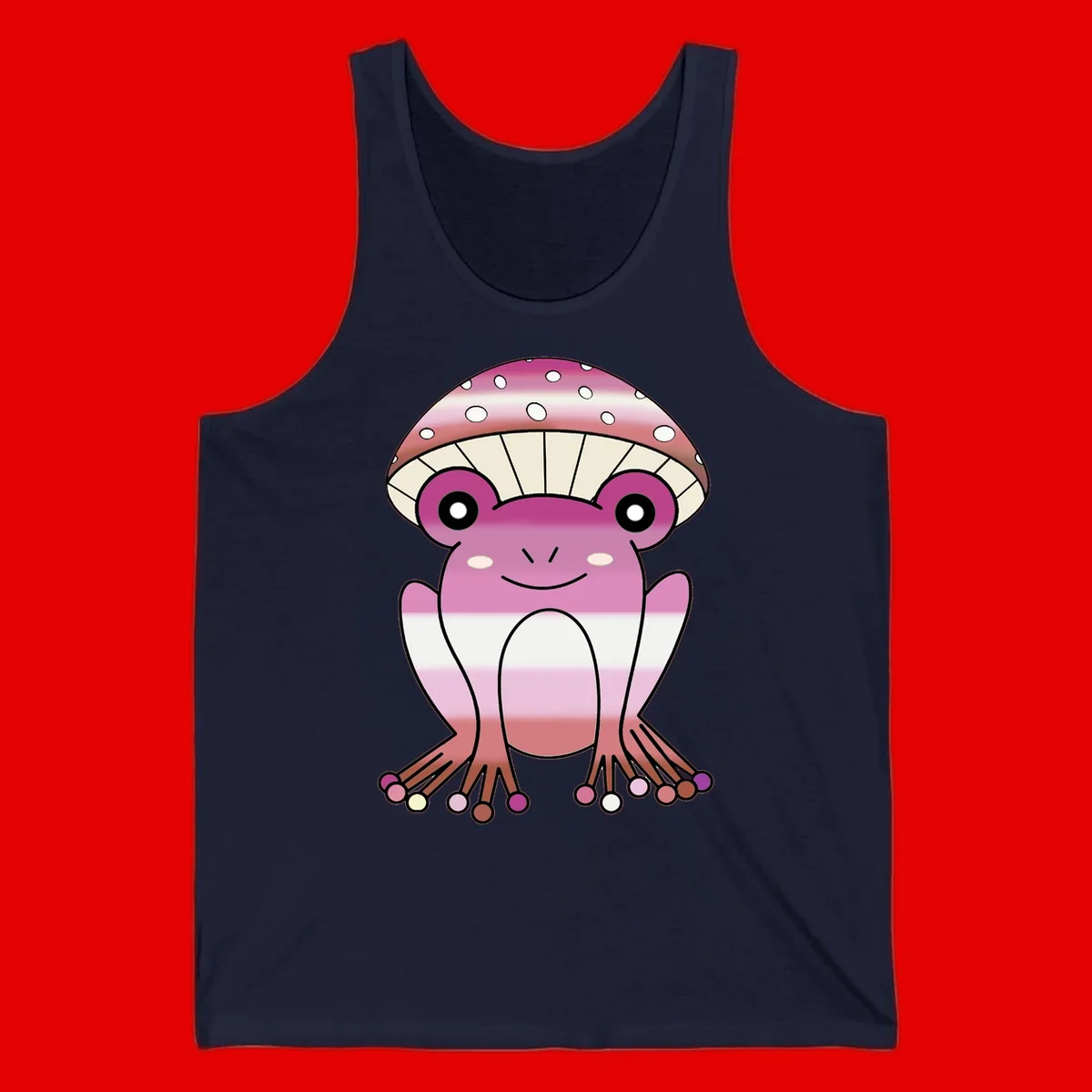 Cute pink mushroom toad character with spotted cap, large eyes, and smiling face wearing gradient pastel colors