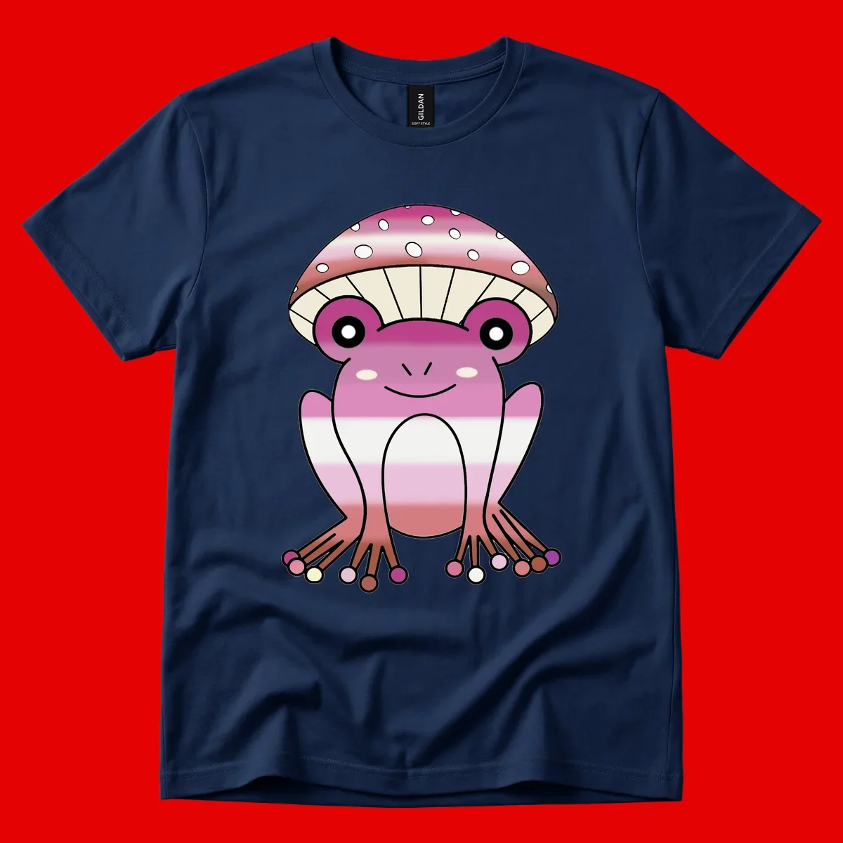Cute pink mushroom toad character with spotted cap, large eyes, and smiling face wearing gradient pastel colors