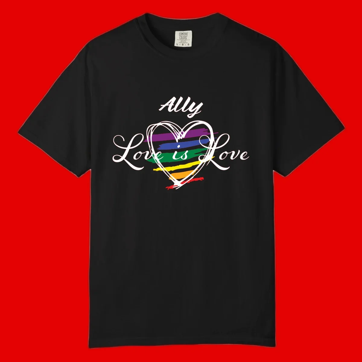 White outlined heart with rainbow stripes and 'Ally Love is love' text for pride support