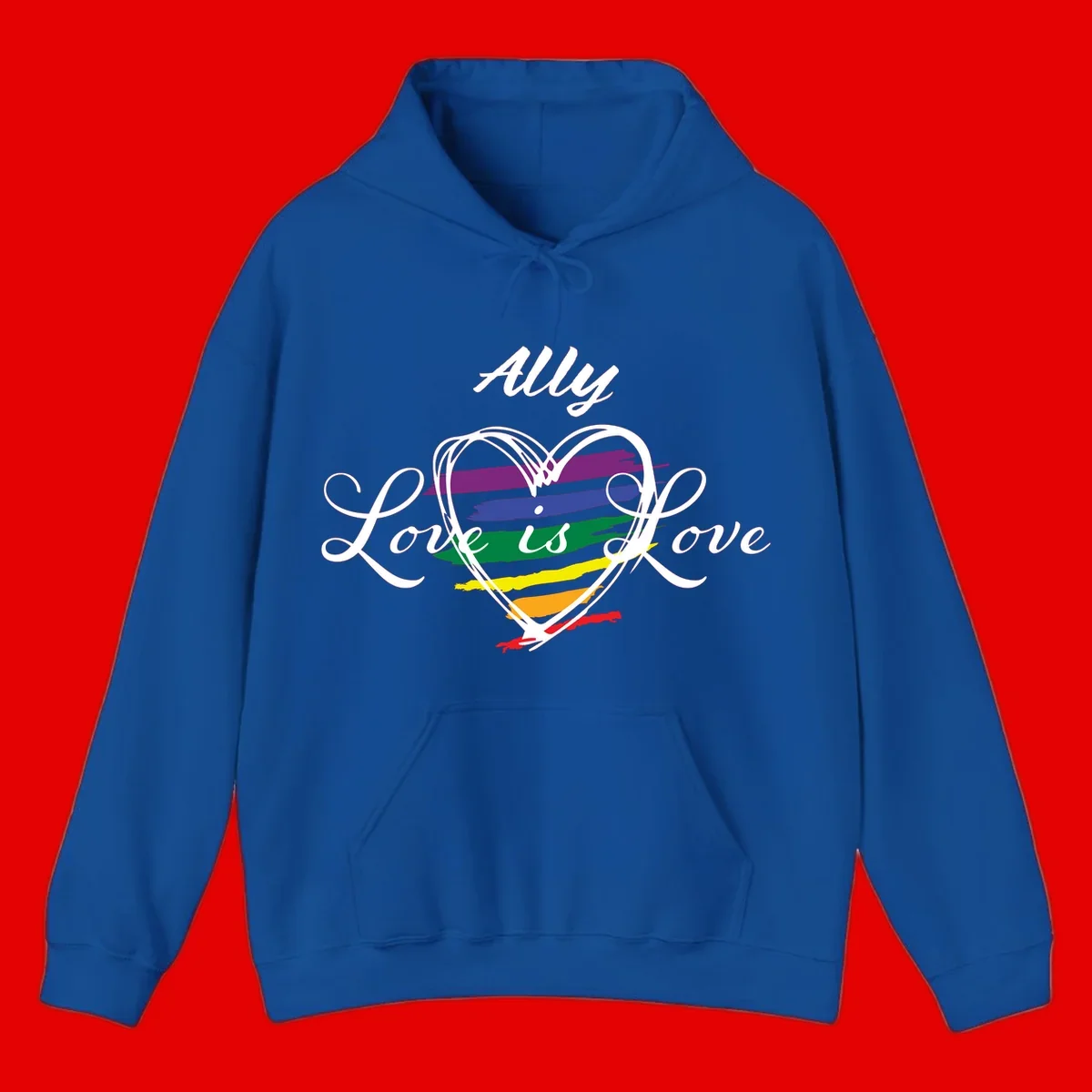 White outlined heart with rainbow stripes and 'Ally Love is love' text for pride support
