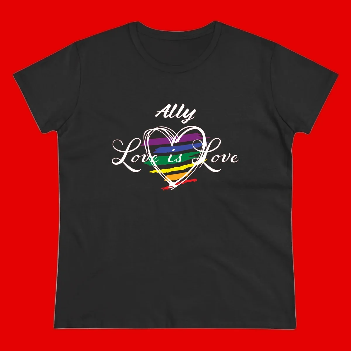 White outlined heart with rainbow stripes and 'Ally Love is love' text for pride support