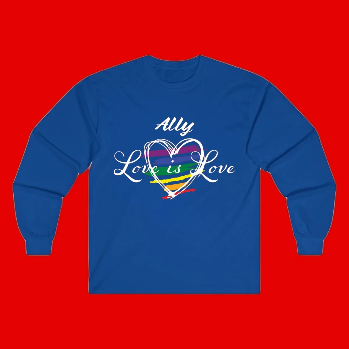 White outlined heart with rainbow stripes and 'Ally Love is love' text for pride support