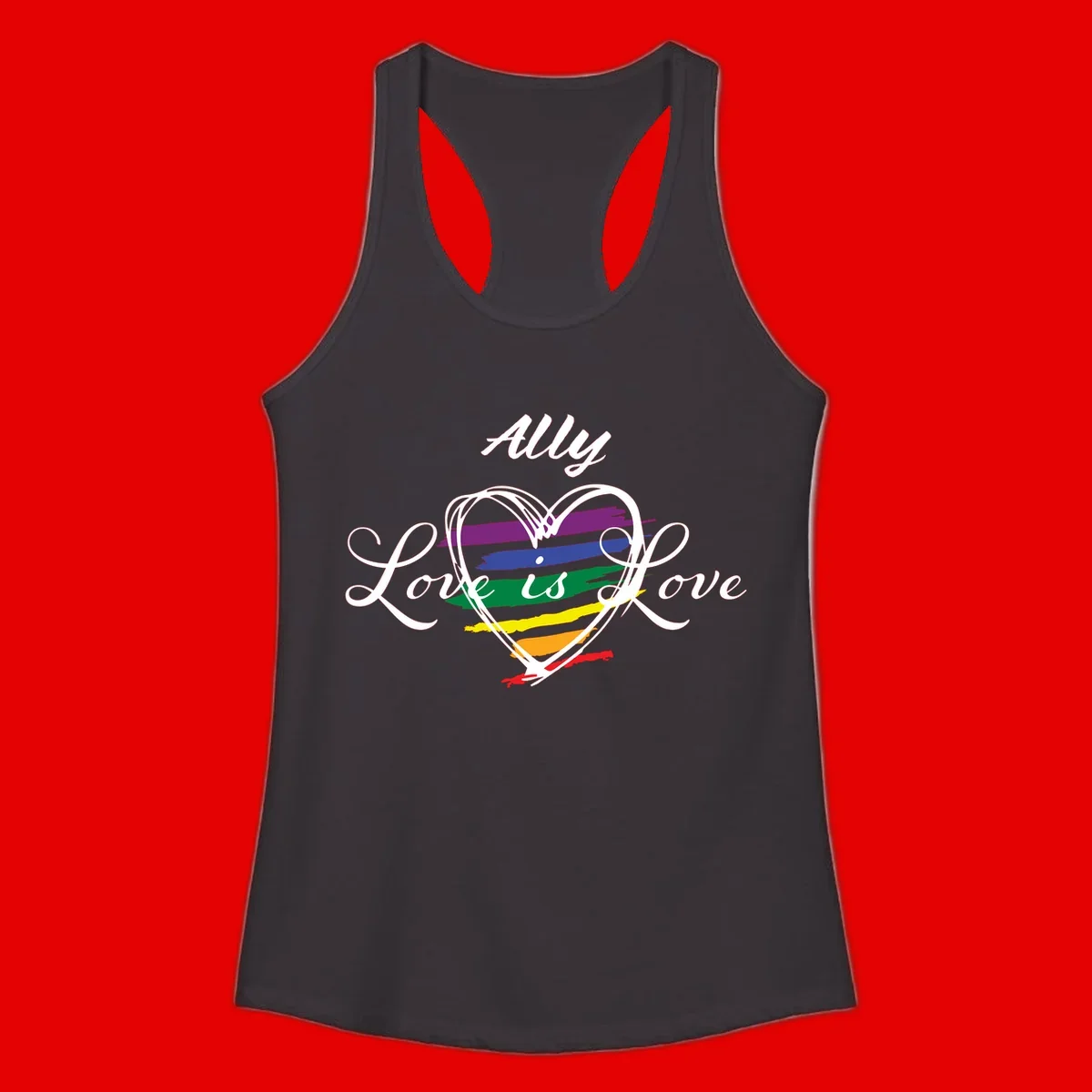 White outlined heart with rainbow stripes and 'Ally Love is love' text for pride support