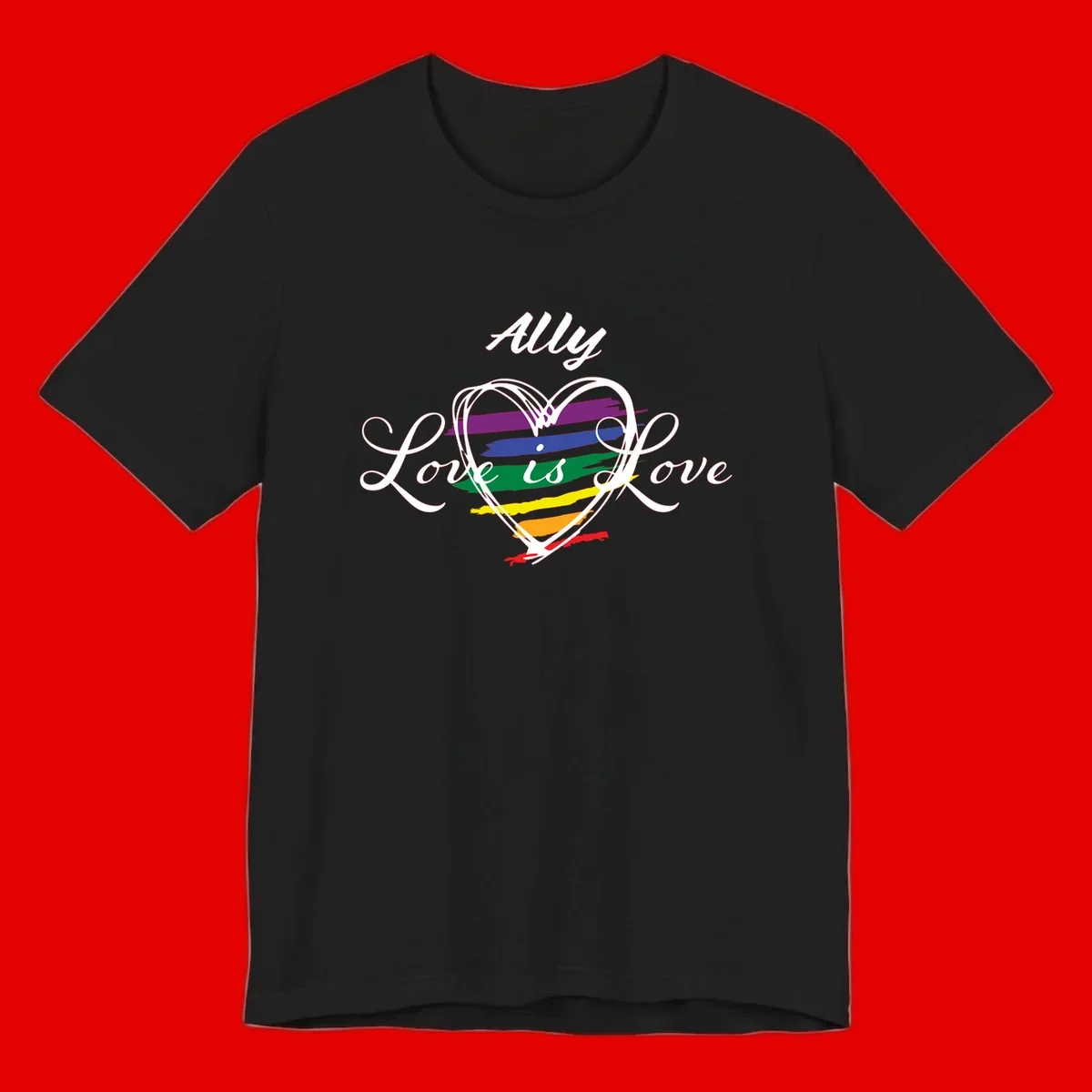 White outlined heart with rainbow stripes and 'Ally Love is love' text for pride support