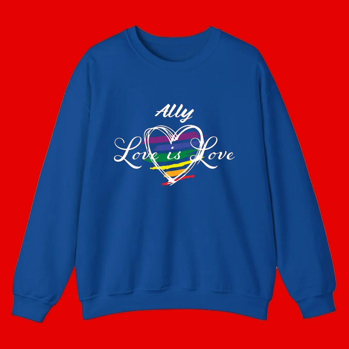 White outlined heart with rainbow stripes and 'Ally Love is love' text for pride support