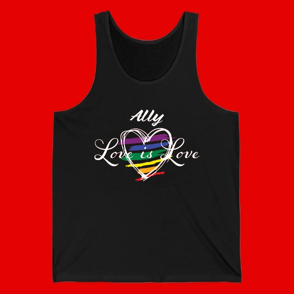 White outlined heart with rainbow stripes and 'Ally Love is love' text for pride support