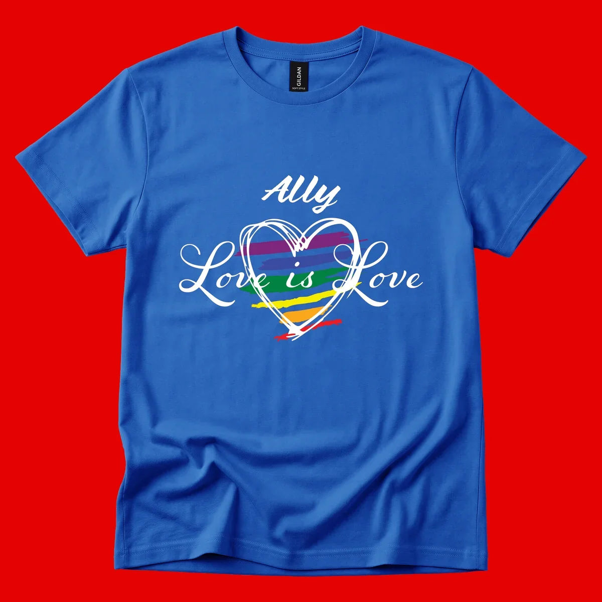 White outlined heart with rainbow stripes and 'Ally Love is love' text for pride support
