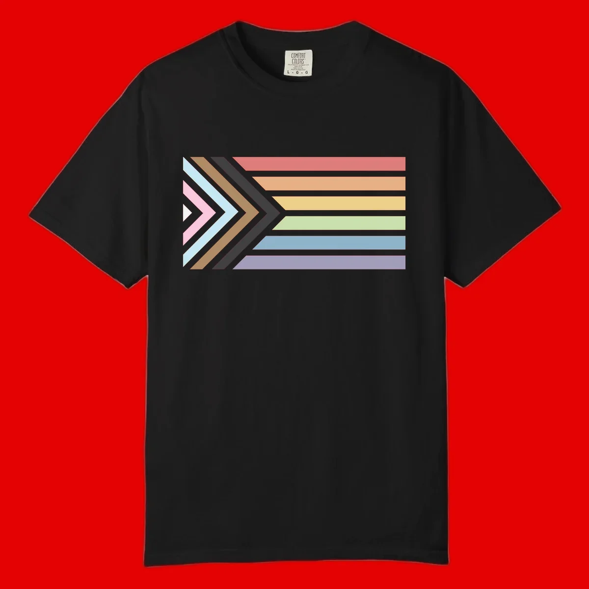 Progress pride arrows design with chevron shapes and rainbow flag stripes representing LGBTQ equality and forward momentum