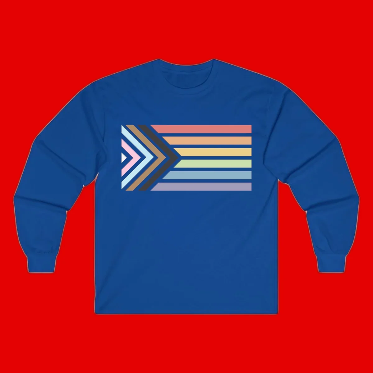Progress pride arrows design with chevron shapes and rainbow flag stripes representing LGBTQ equality and forward momentum