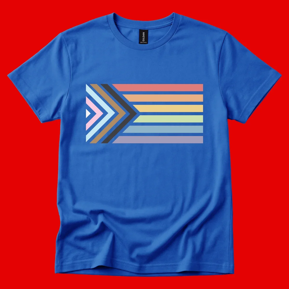 Progress pride arrows design with chevron shapes and rainbow flag stripes representing LGBTQ equality and forward momentum