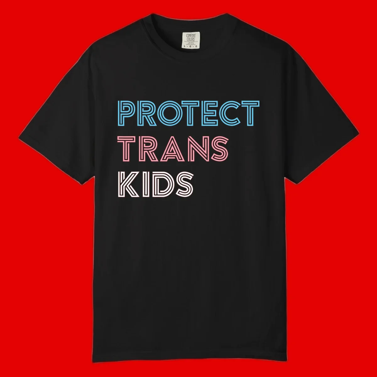 Neon-style outlined text reading 'PROTECT TRANS KIDS' in cyan, pink, and white striped lettering with concentric line patterns
