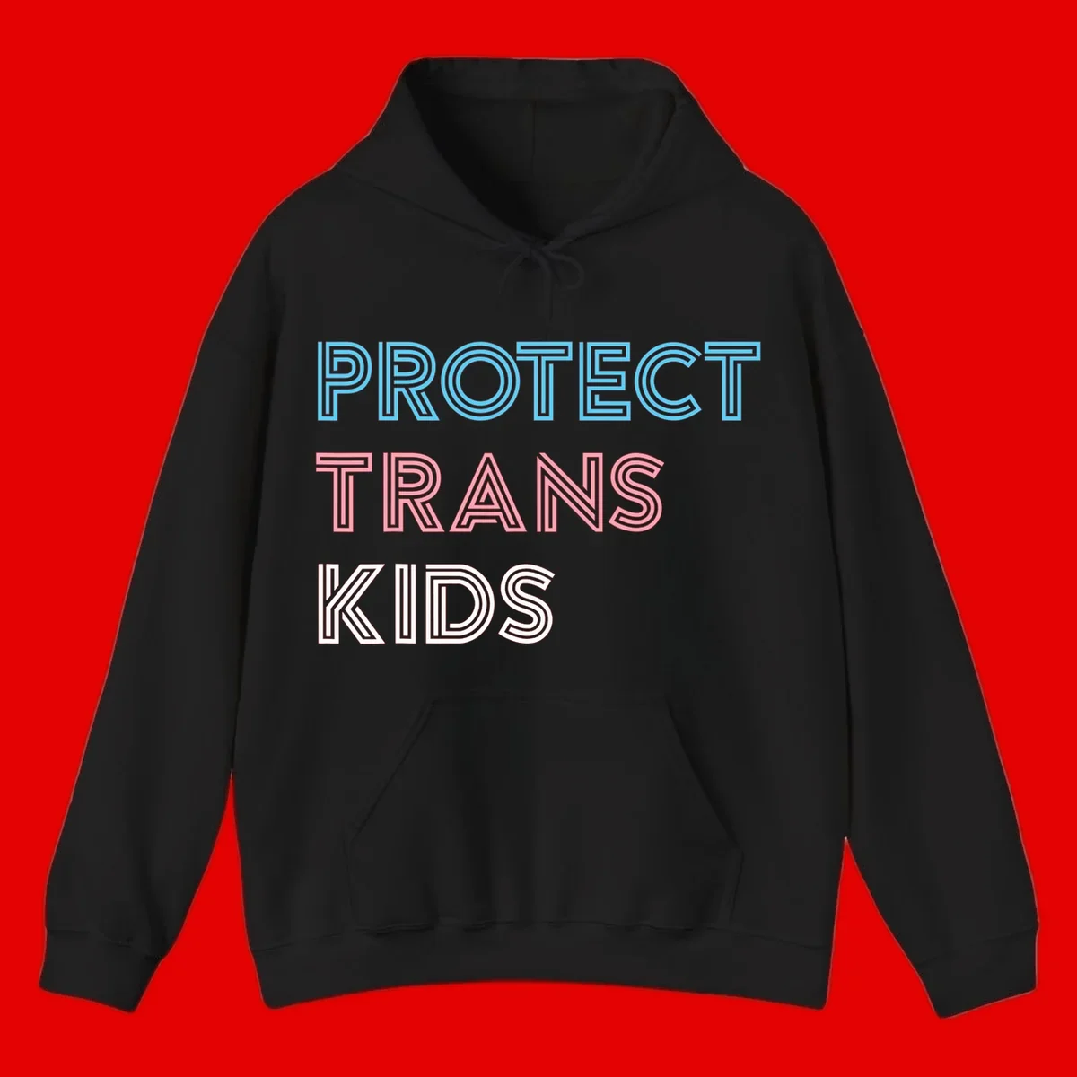 Neon-style outlined text reading 'PROTECT TRANS KIDS' in cyan, pink, and white striped lettering with concentric line patterns