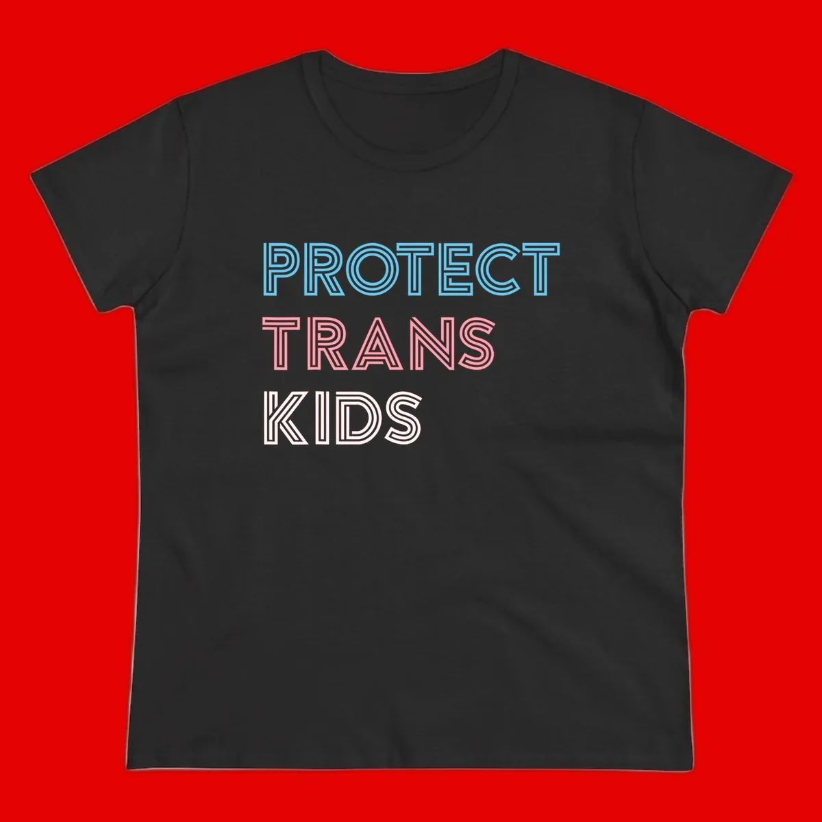 Neon-style outlined text reading 'PROTECT TRANS KIDS' in cyan, pink, and white striped lettering with concentric line patterns