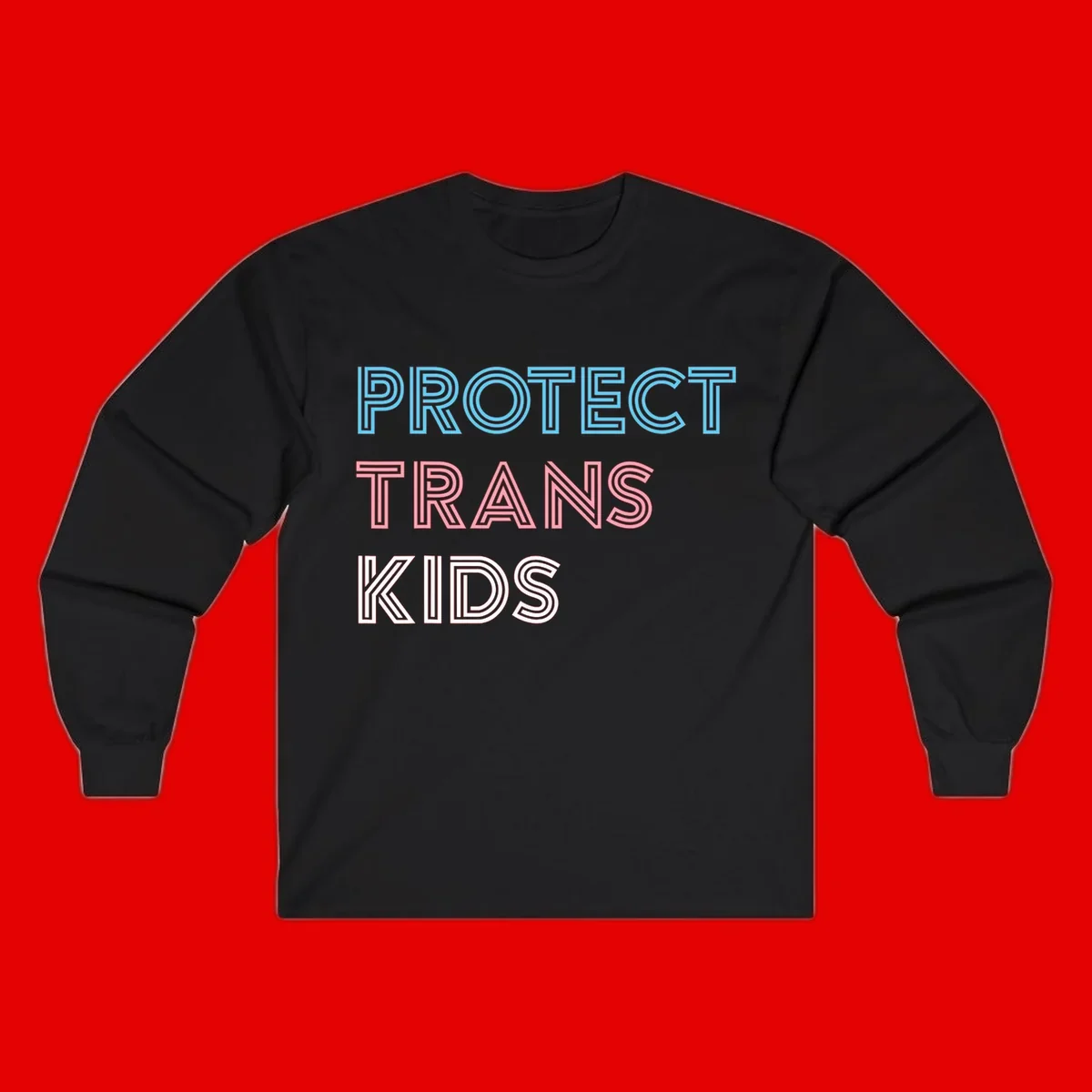Neon-style outlined text reading 'PROTECT TRANS KIDS' in cyan, pink, and white striped lettering with concentric line patterns