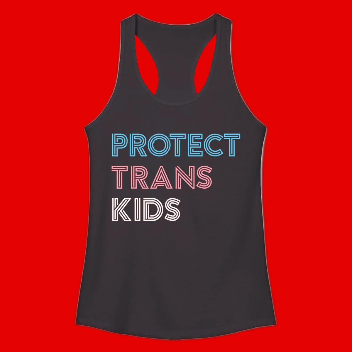 Neon-style outlined text reading 'PROTECT TRANS KIDS' in cyan, pink, and white striped lettering with concentric line patterns