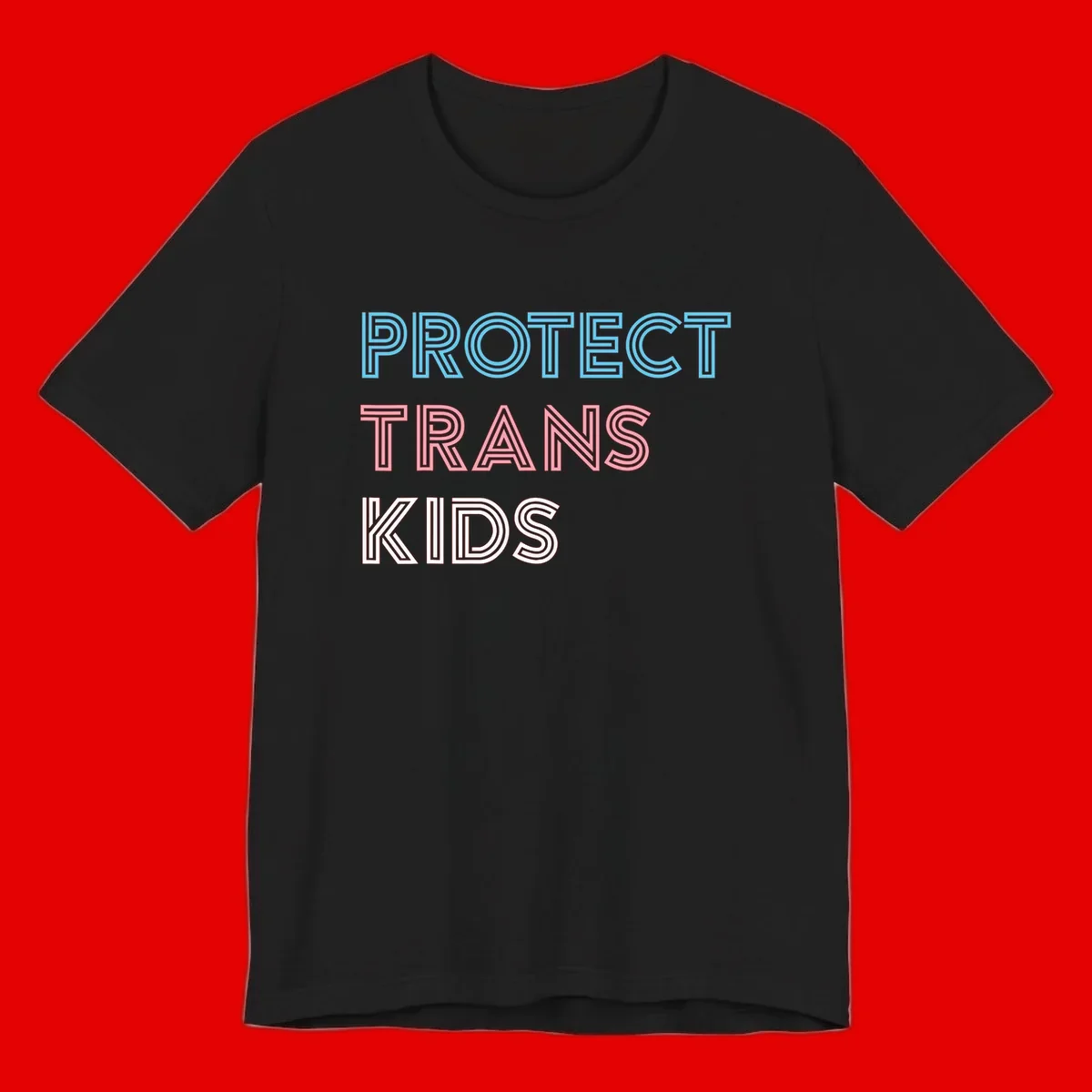 Neon-style outlined text reading 'PROTECT TRANS KIDS' in cyan, pink, and white striped lettering with concentric line patterns