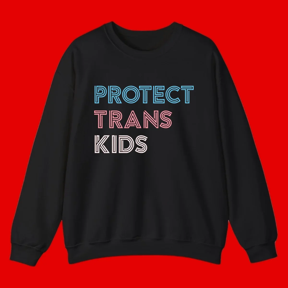 Neon-style outlined text reading 'PROTECT TRANS KIDS' in cyan, pink, and white striped lettering with concentric line patterns