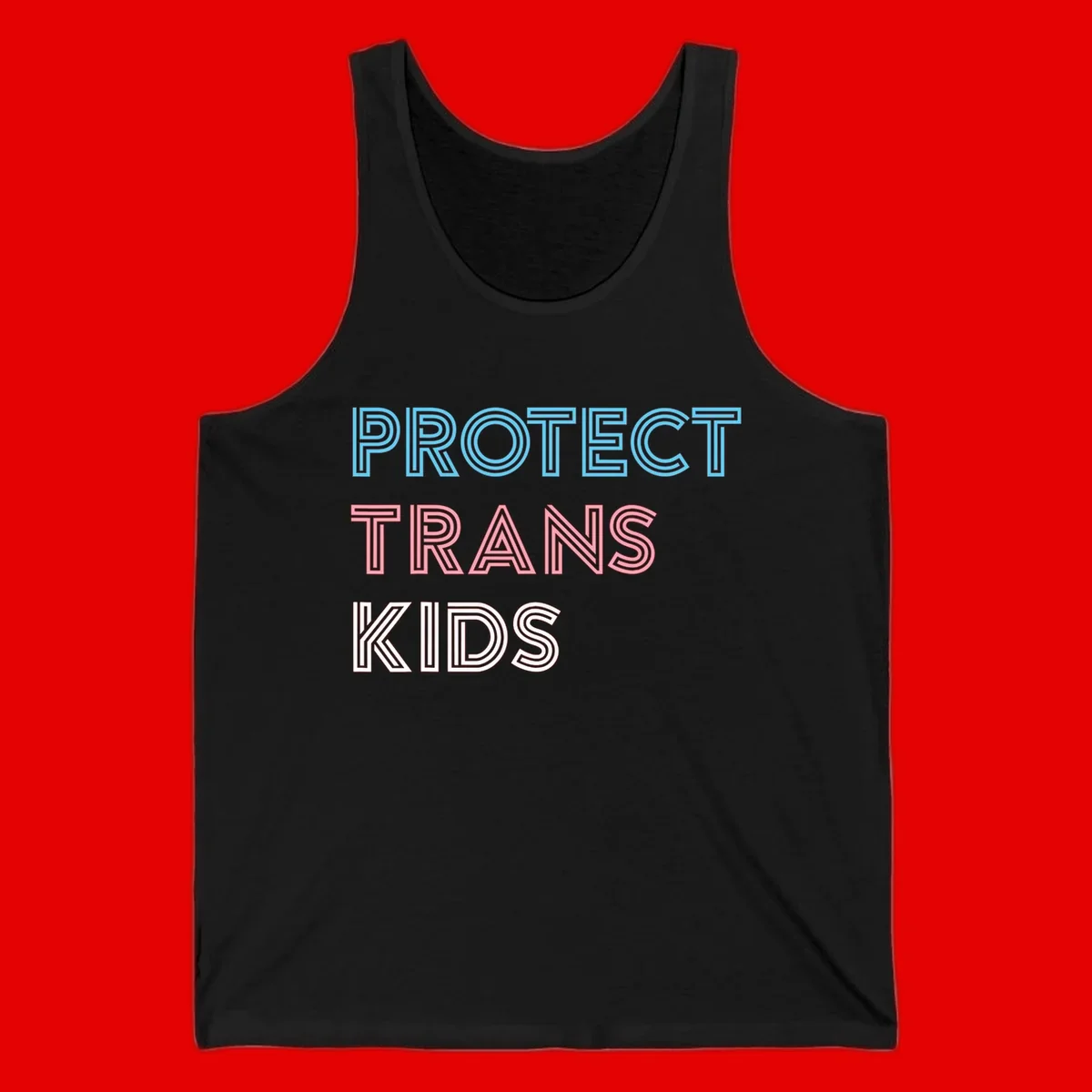 Neon-style outlined text reading 'PROTECT TRANS KIDS' in cyan, pink, and white striped lettering with concentric line patterns
