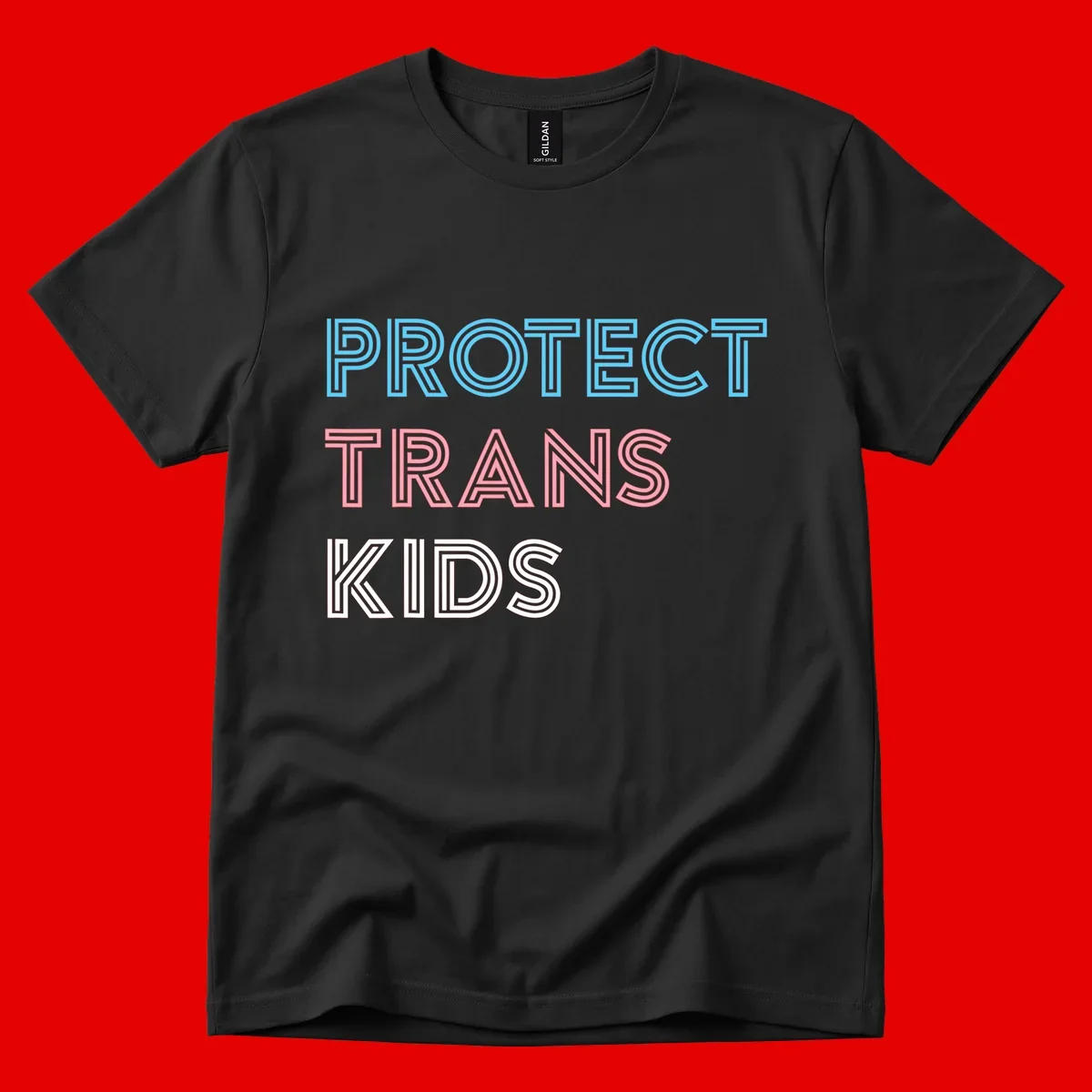 Neon-style outlined text reading 'PROTECT TRANS KIDS' in cyan, pink, and white striped lettering with concentric line patterns