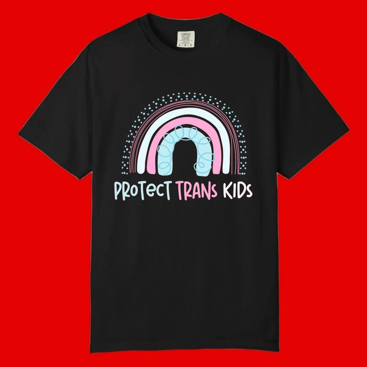 Protect trans kids pride design: rainbow arch with protective shield and DNA strands in pink, blue, and cyan with radiating dots