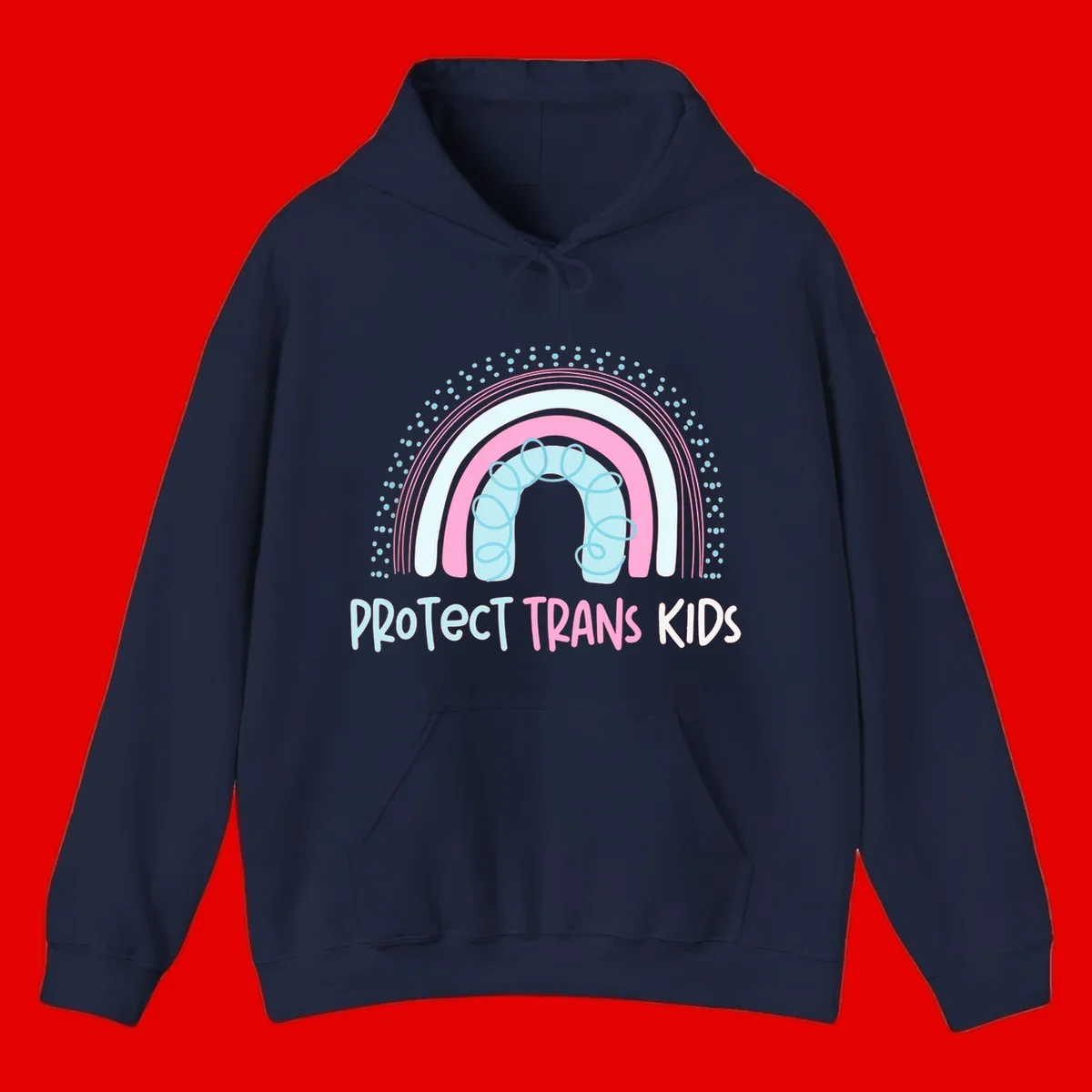 Protect trans kids pride design: rainbow arch with protective shield and DNA strands in pink, blue, and cyan with radiating dots