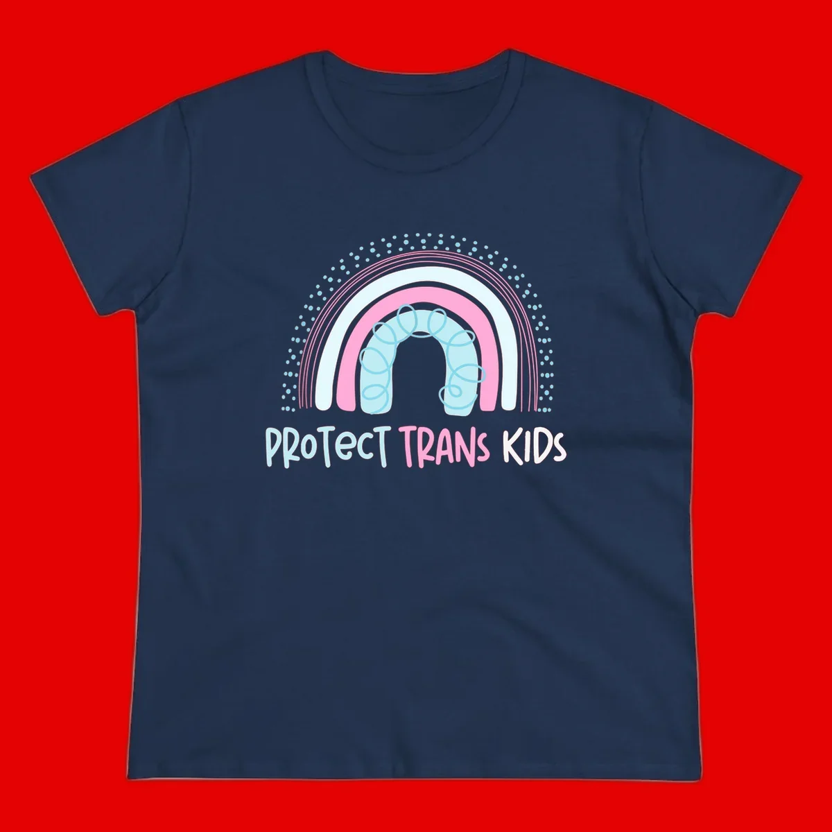 Protect trans kids pride design: rainbow arch with protective shield and DNA strands in pink, blue, and cyan with radiating dots