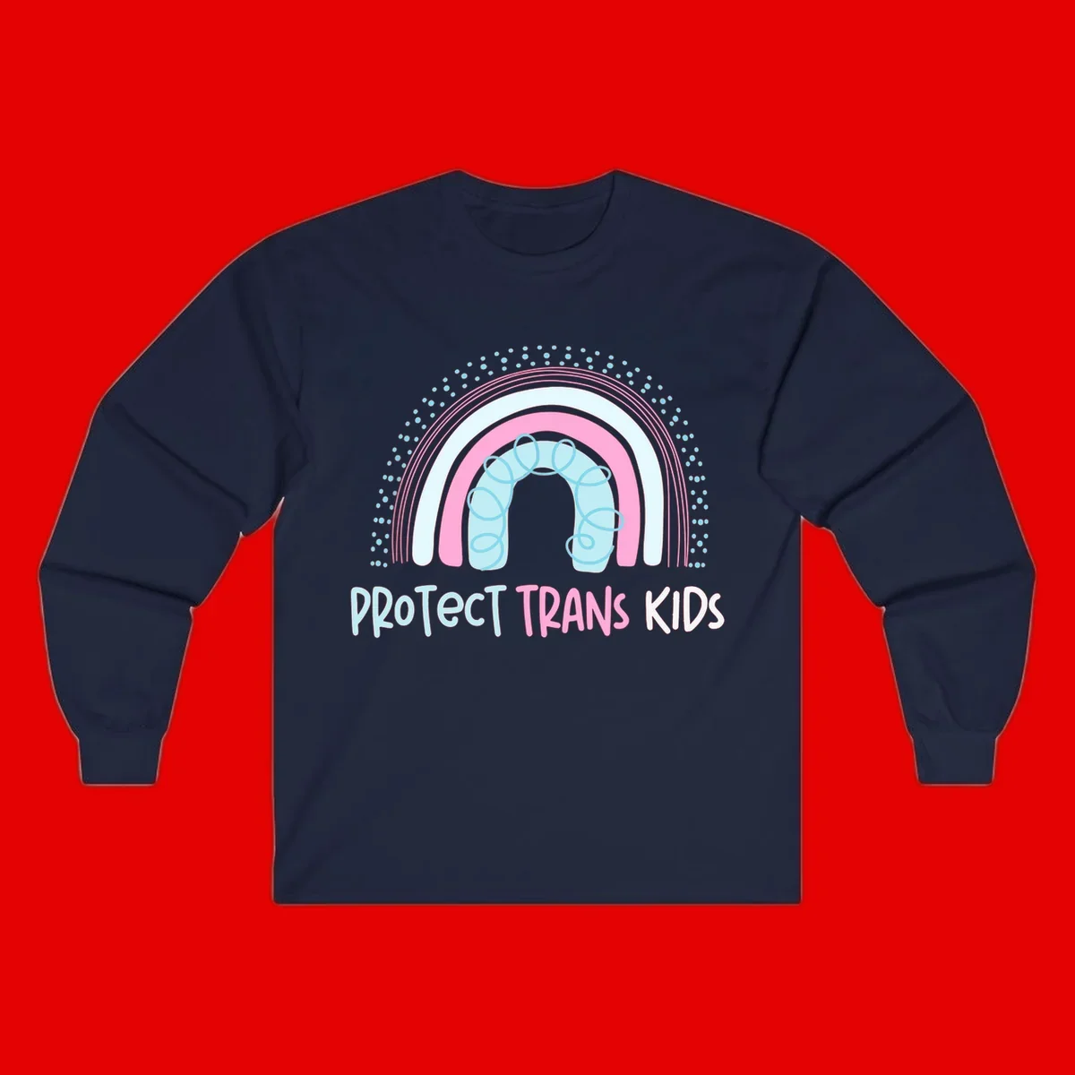 Protect trans kids pride design: rainbow arch with protective shield and DNA strands in pink, blue, and cyan with radiating dots